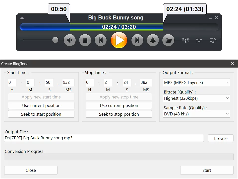 Zoom Player's Create Ringtone window