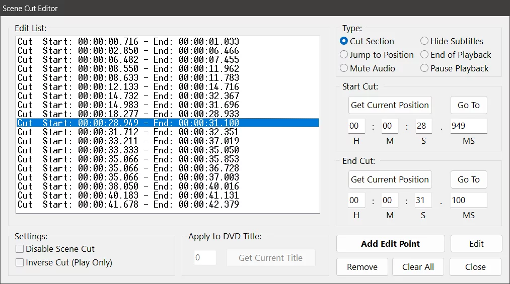 Zoom Player's Scene Cut Editor