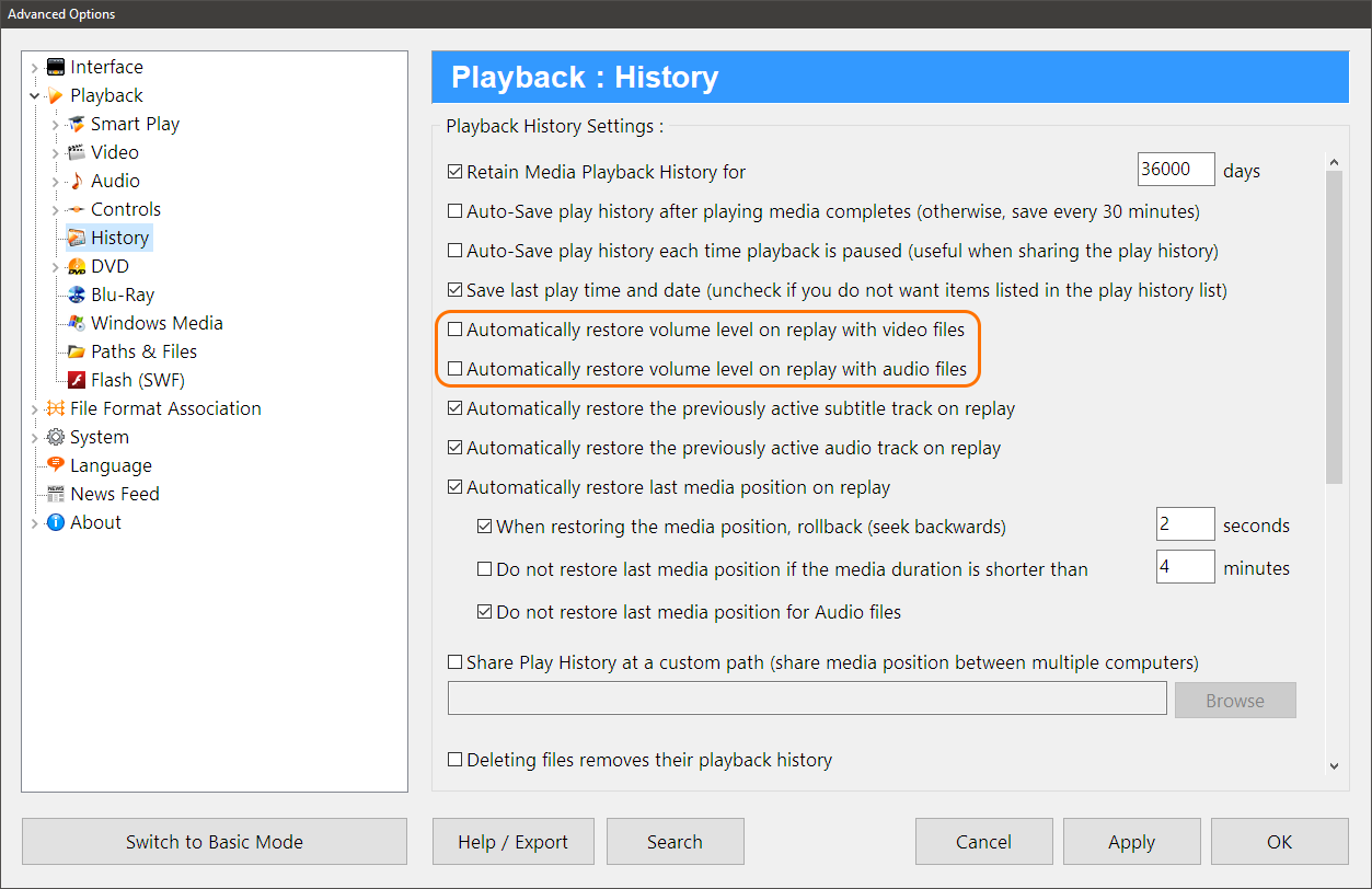 Zoom Player's Advanced Options Dialog