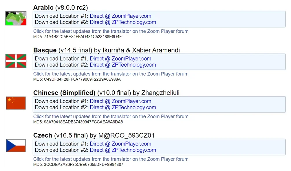 Zoom Player Language page
