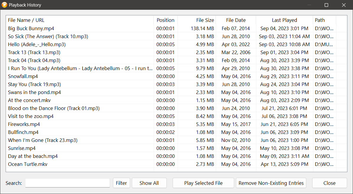Zoom Player's Play History window
