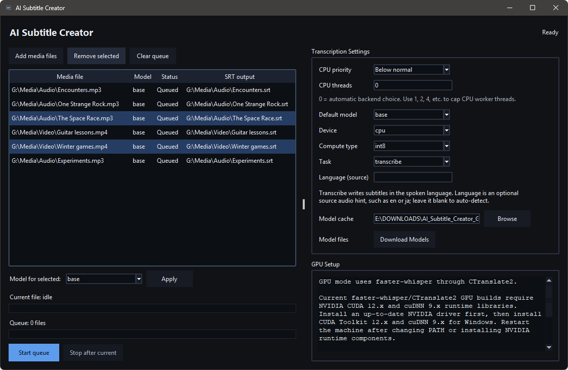 AI Subtitle Creator - Queue Table