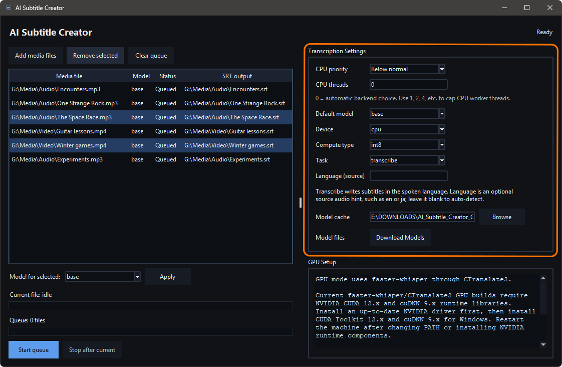 AI Subtitle Creator - Transcription Settings