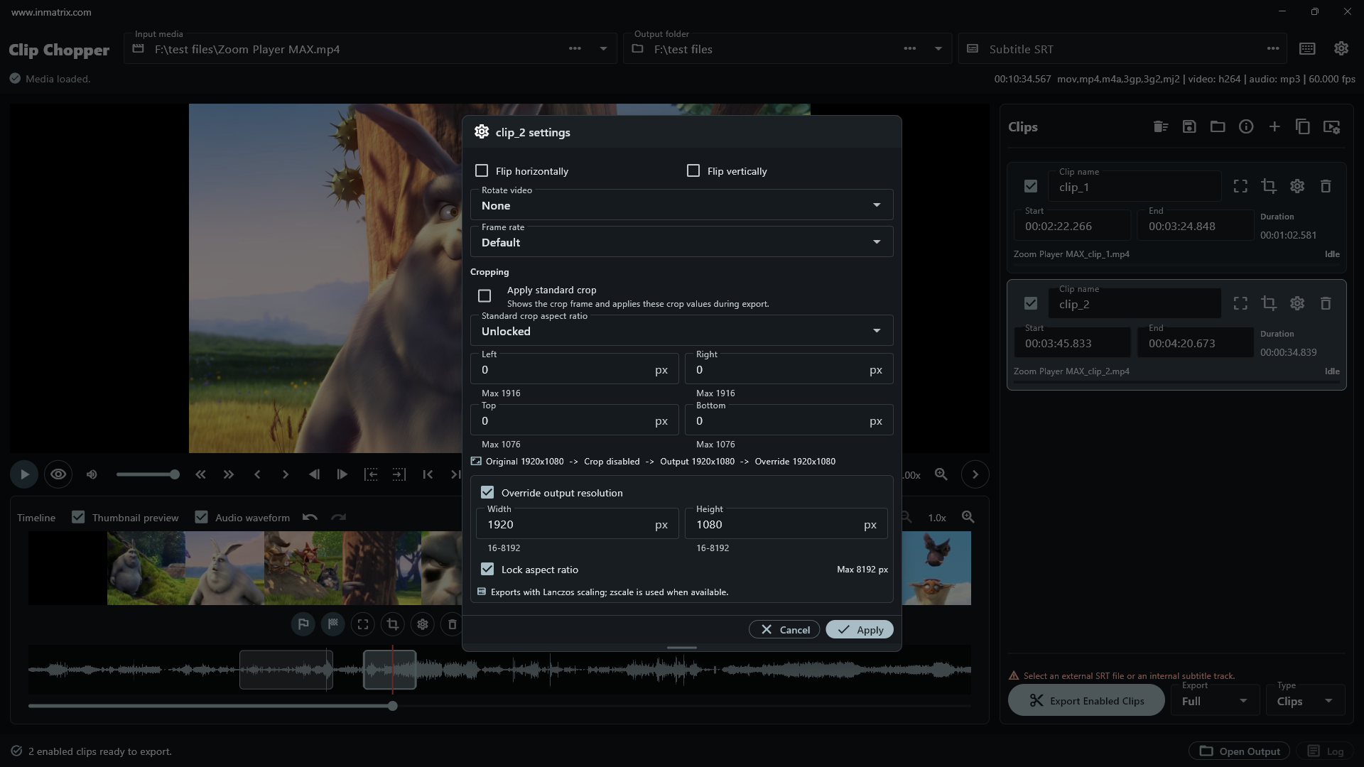 Clip Chopper clip settings for flip, rotation, frame rate, crop and output resolution
