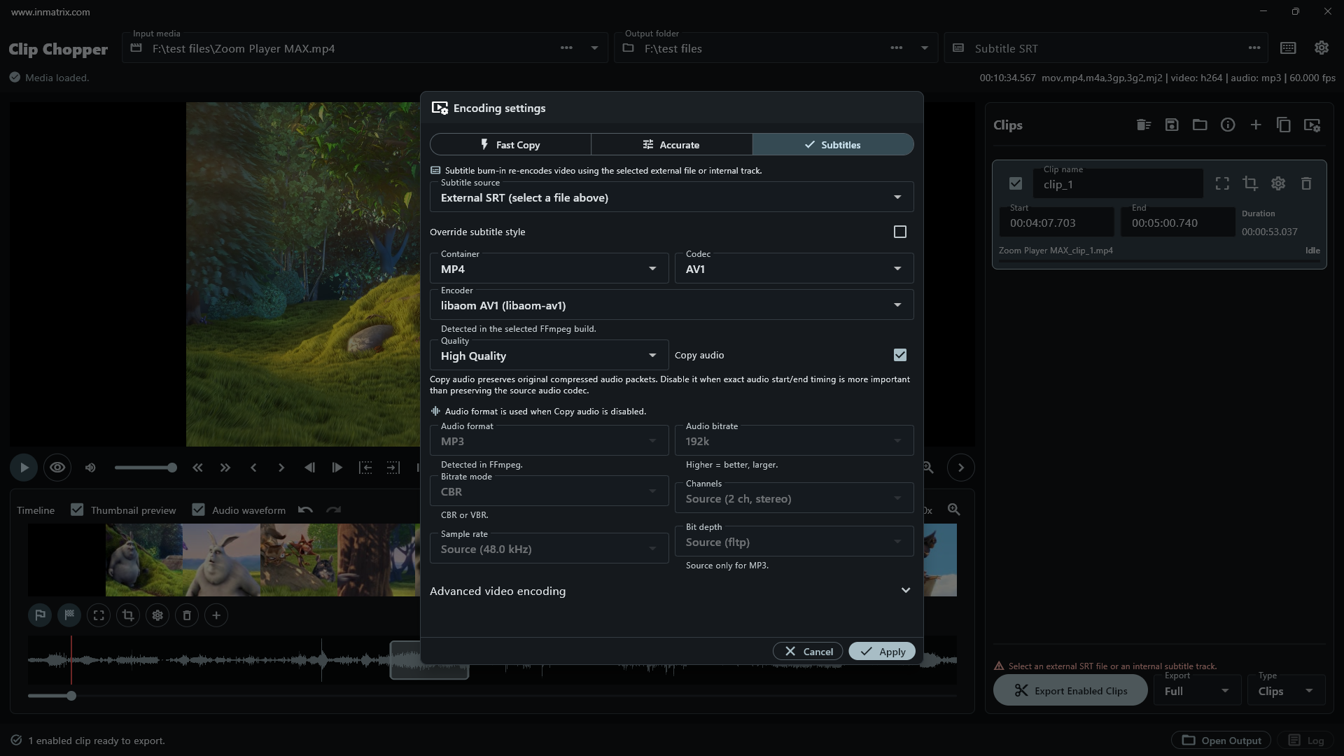 Clip Chopper encoding settings with processing modes, subtitle, video, audio and advanced options