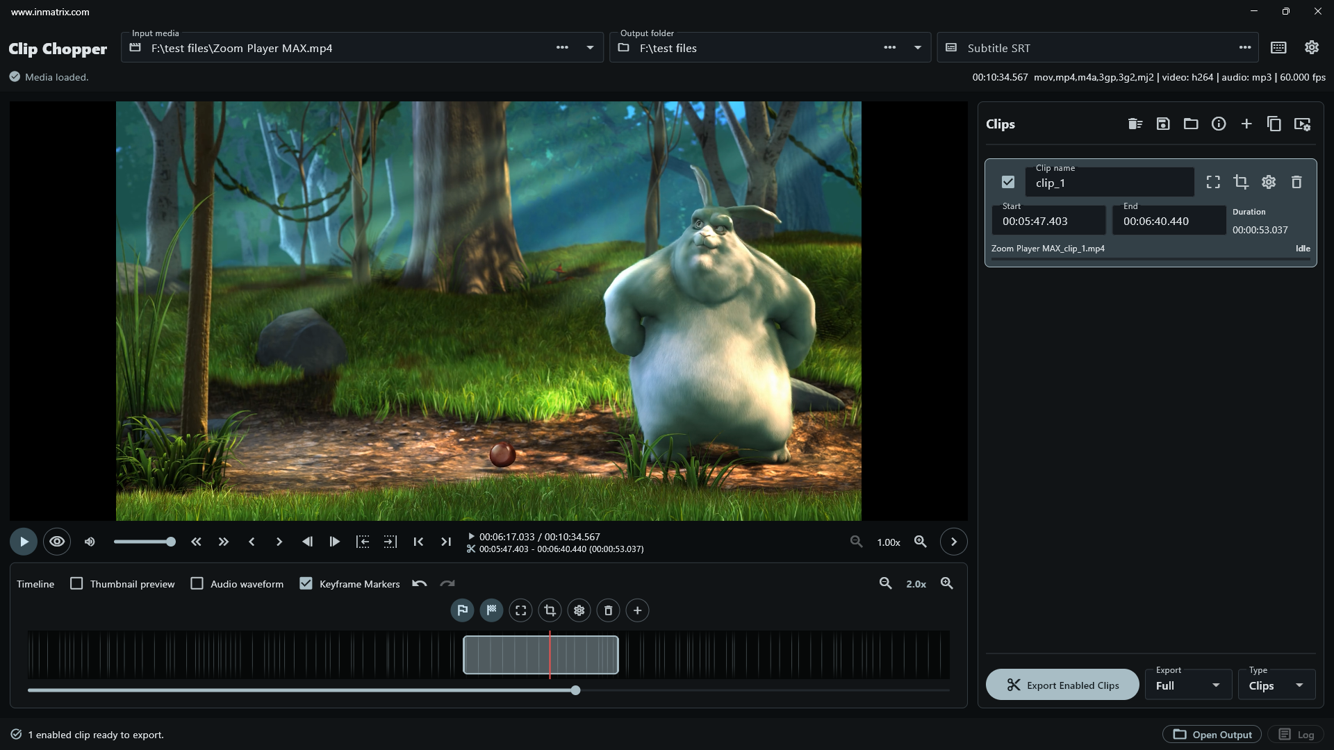 Clip Chopper timeline showing thumbnail frames, waveform and keyframe markers for fast video cutting