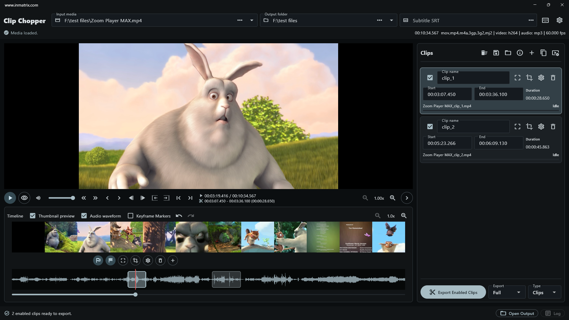 Clip Chopper main interface with video preview, clip list, thumbnails, waveform and timeline