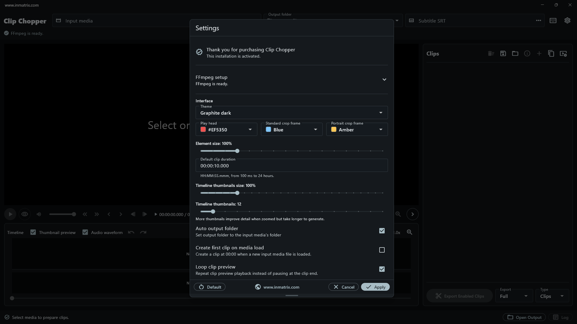 Clip Chopper app settings for activation, FFmpeg, theme, timeline and default behavior