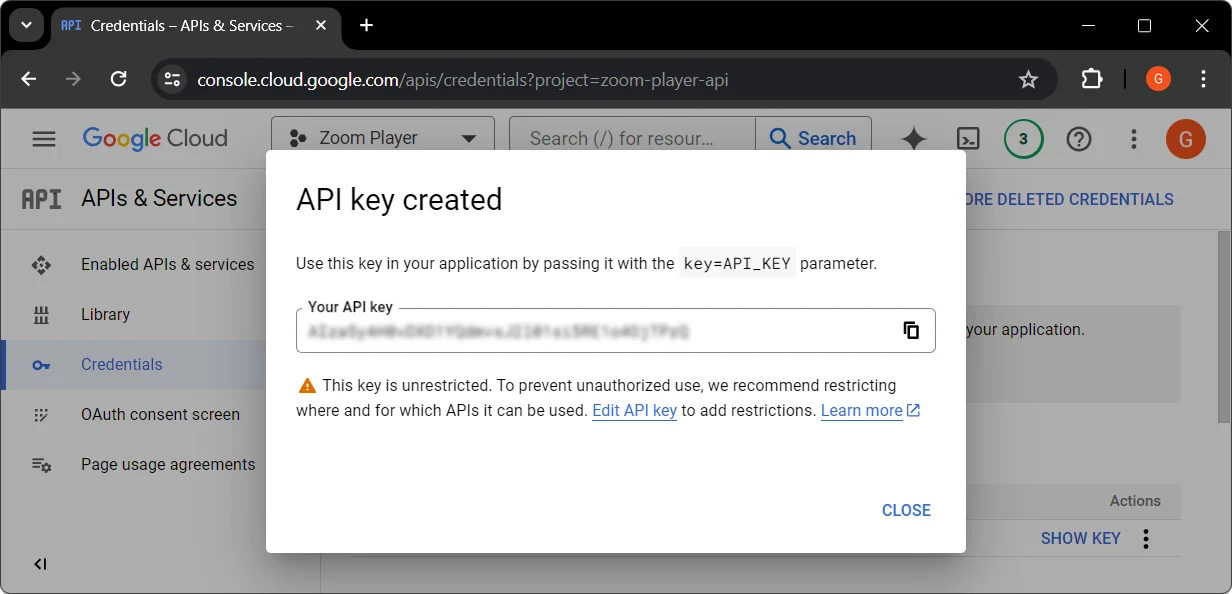 YouTube API key created message webpage