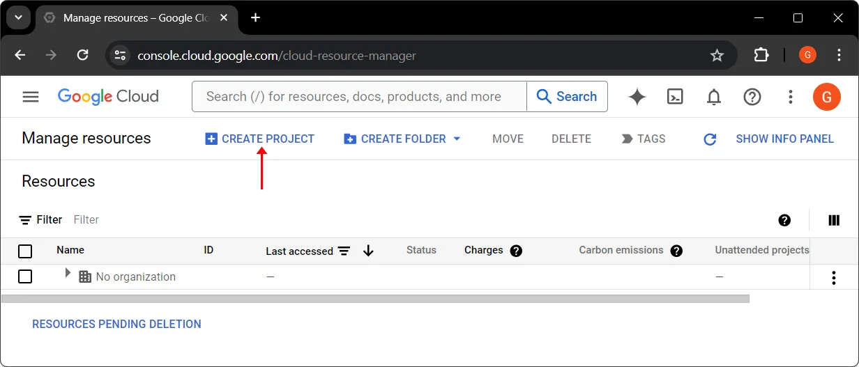 Google Cloud create resource manager webpage