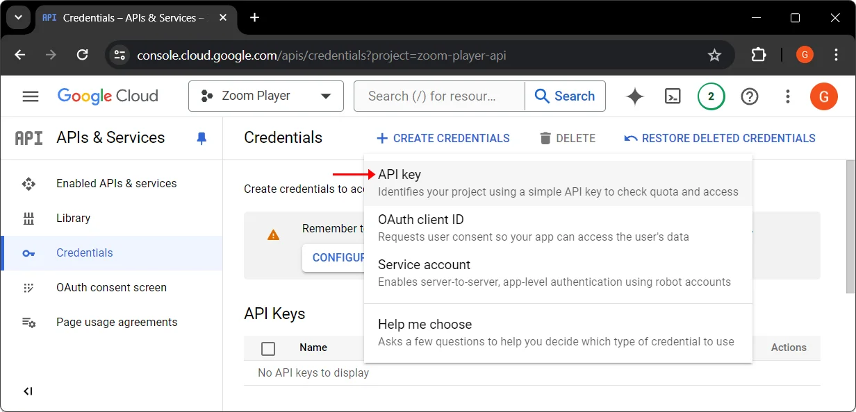 Google Cloud Create Credentials webpage