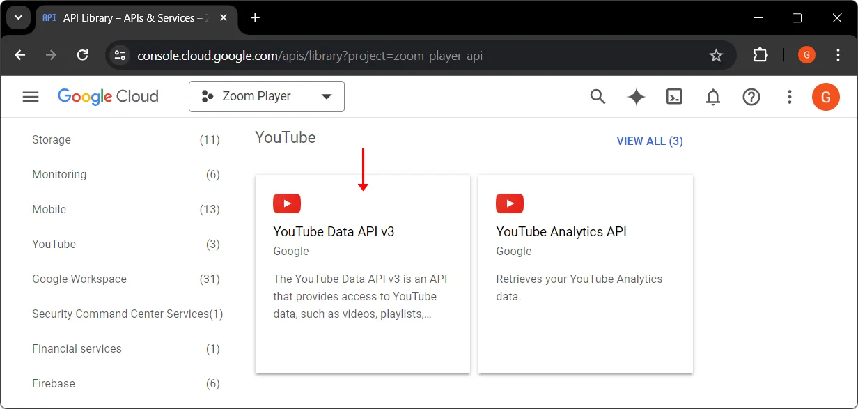 Google Cloud YouTube Data API v3 webpage