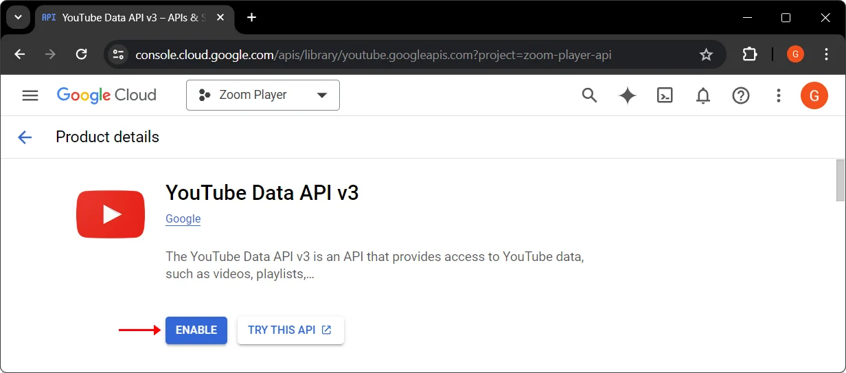 Google Cloud YouTube Data API v3 enable webpage