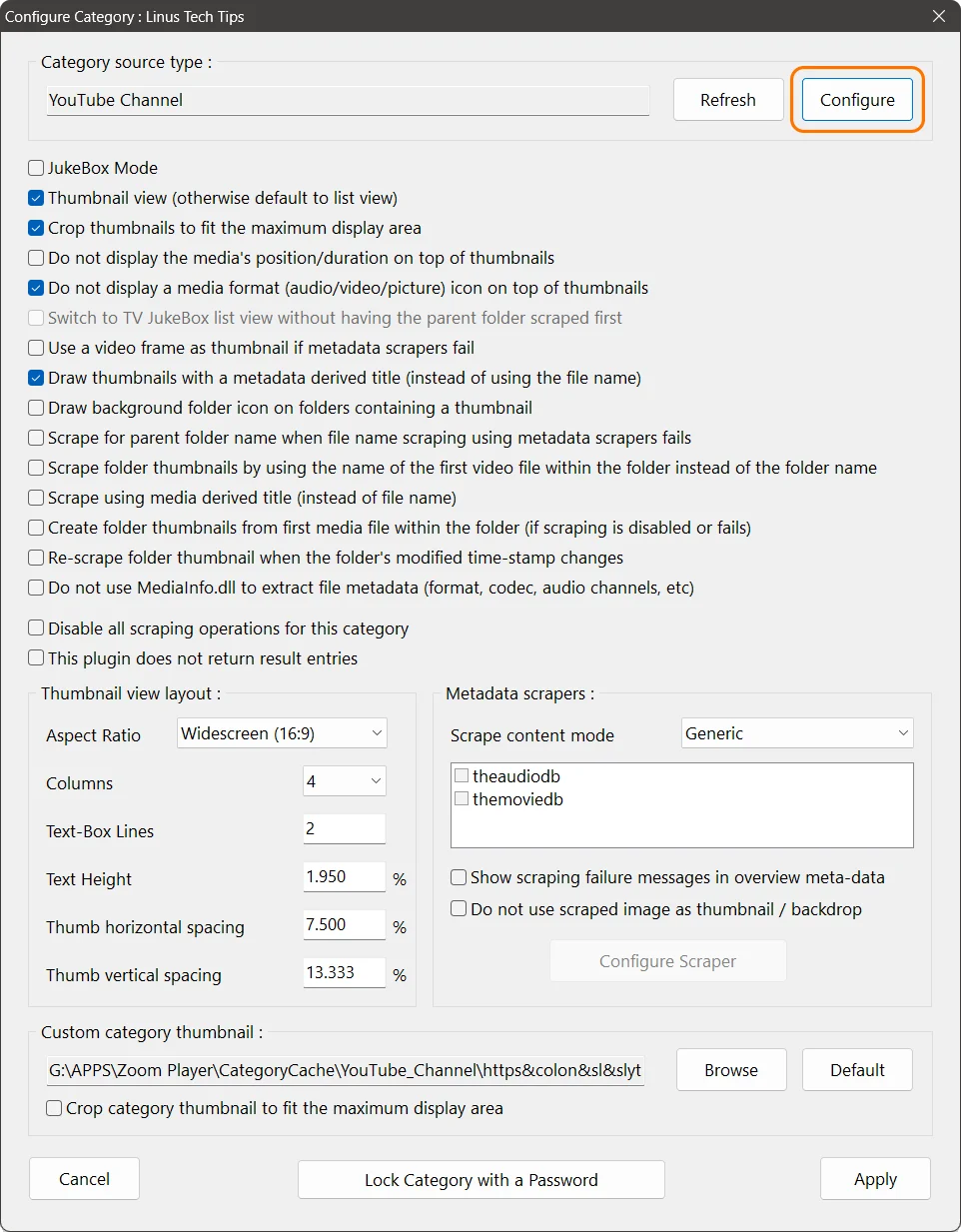 Zoom Player Configure Category window