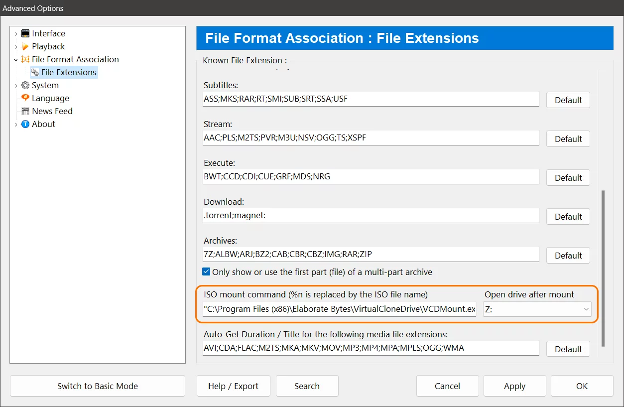 Zoom Player's Advanced Options Dialog