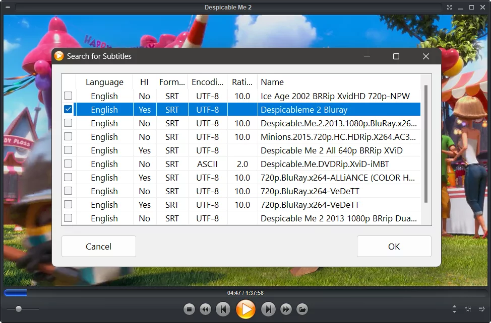 Zoom Player's Search for subtitles Dialog