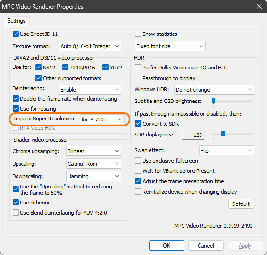 MPC Video Renderer Super Resolution Settings