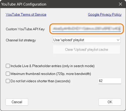Zoom Player YouTube API Configuration window