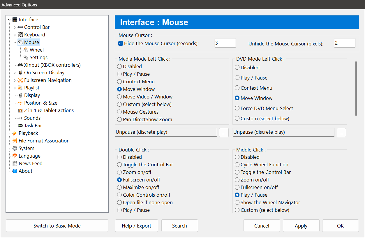 Zoom Player Advanced options - Mouse