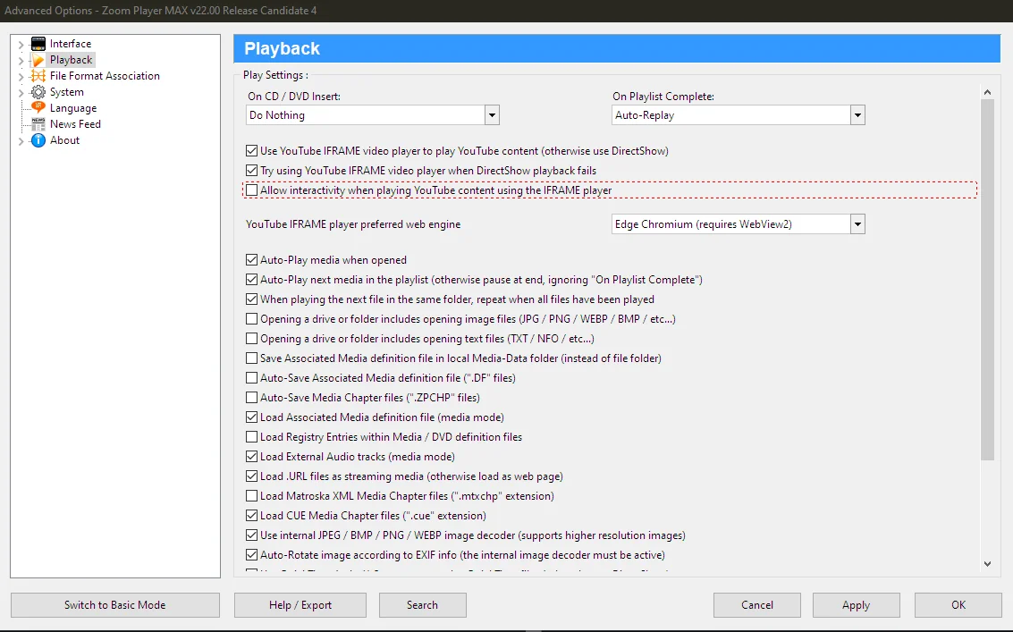 Zoom Player Advanced Options Window
