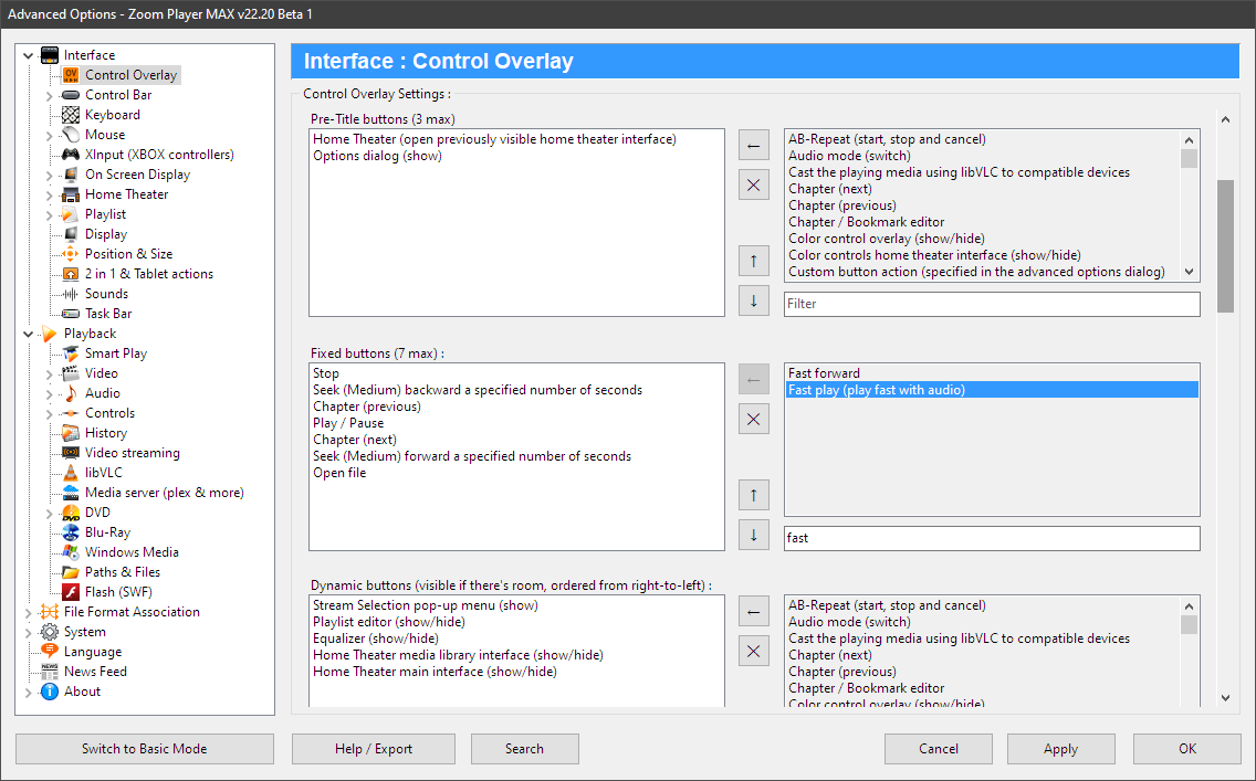 Zoom Player Options window - Fast Play