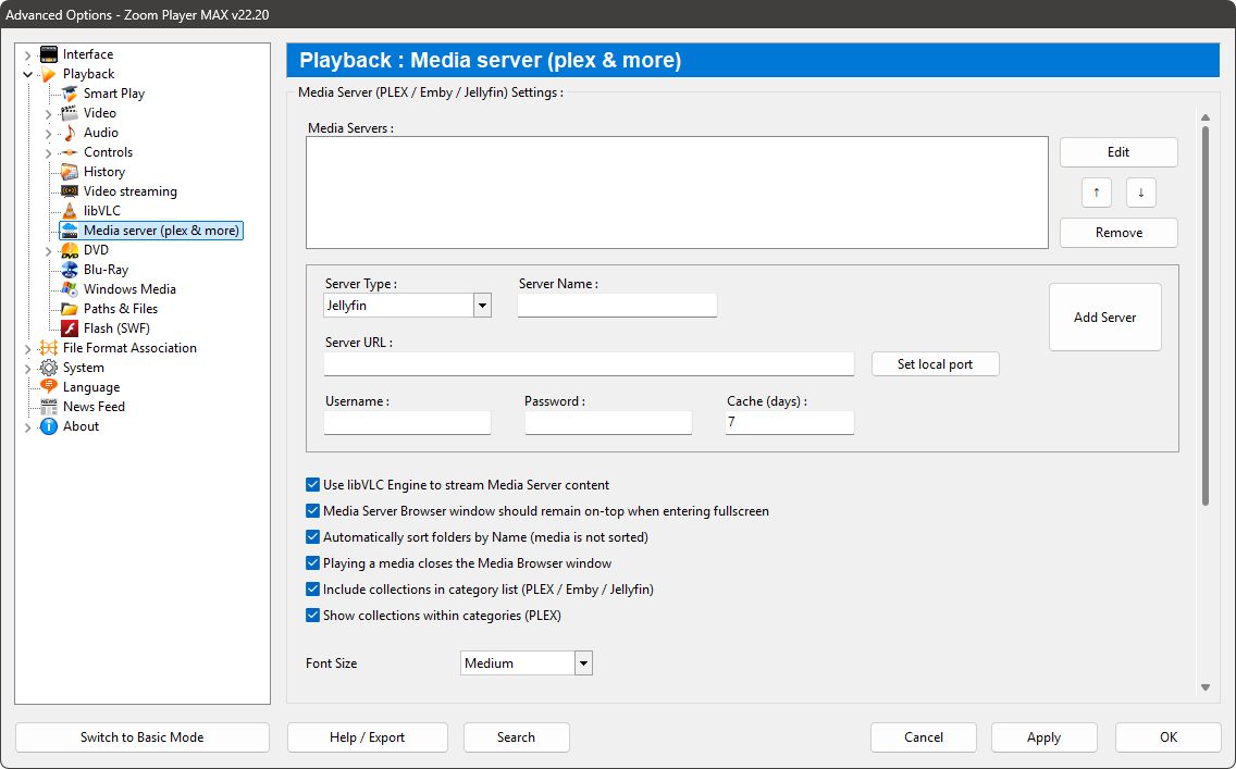 Zoom Player Options - Media Server