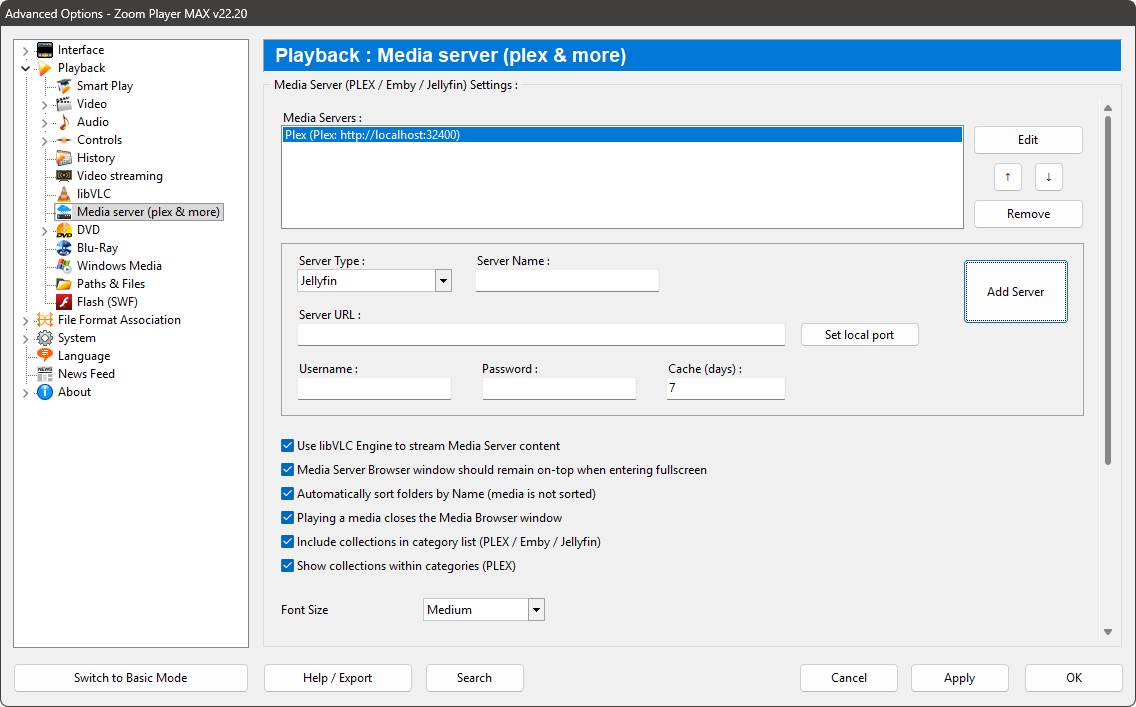 Zoom Player Options - Media Server Add Server