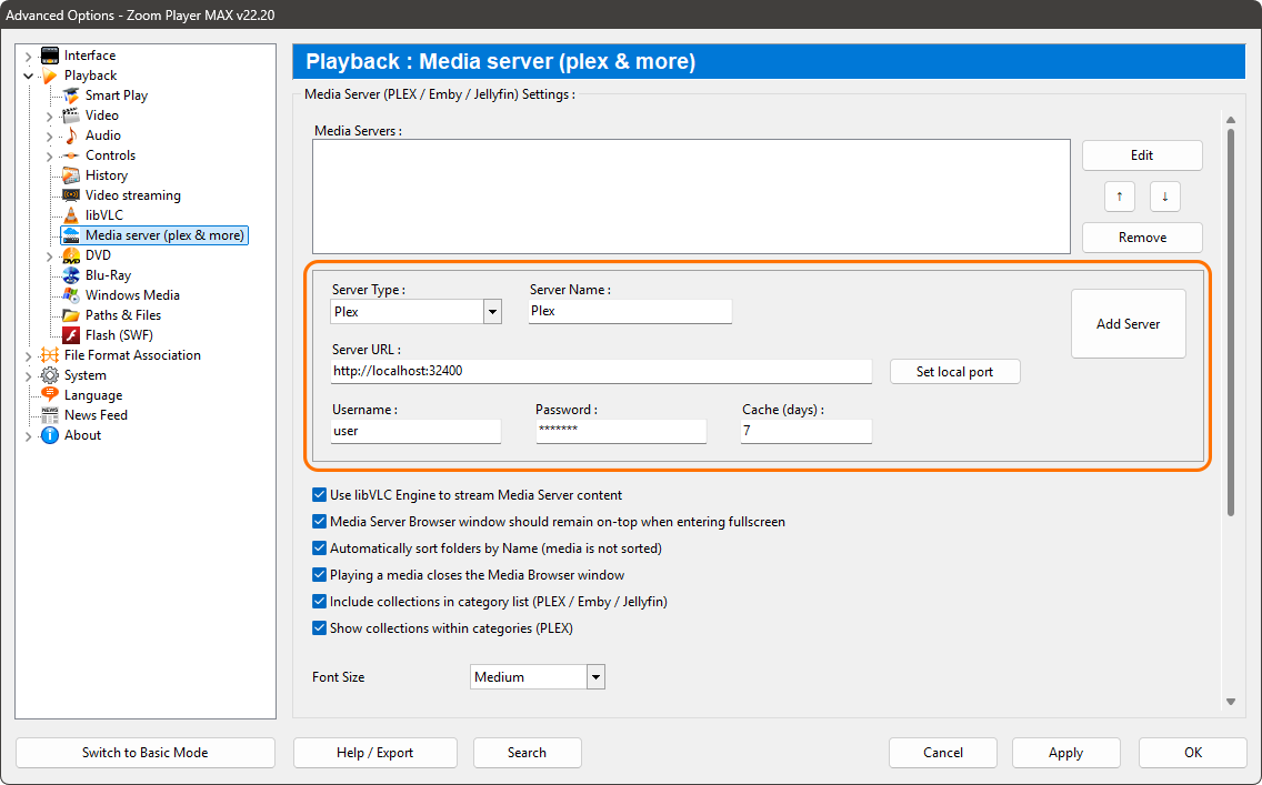 Zoom Player Options - Media Server Details