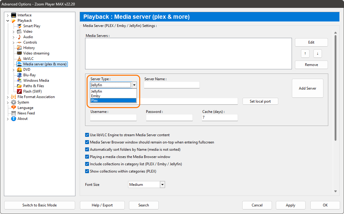 Zoom Player Options - Media Server Type