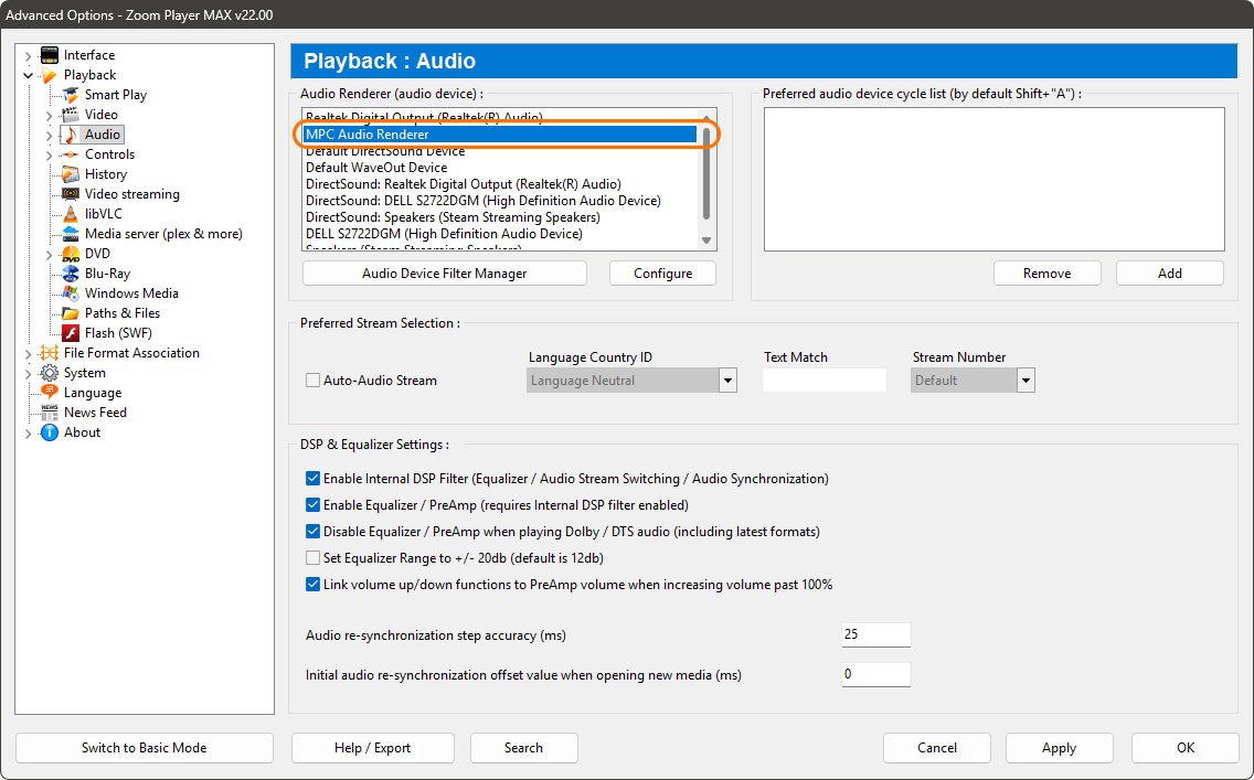 Zoom Player Options window - Playback / Audio