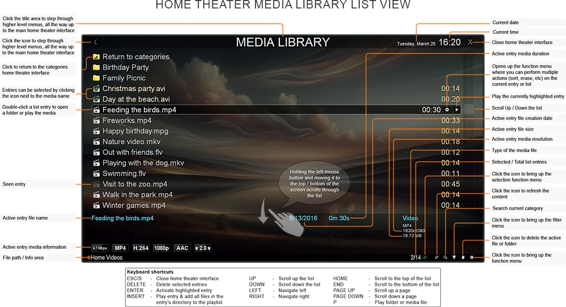 Zoom Player's Media Library fullscreen navigation interface