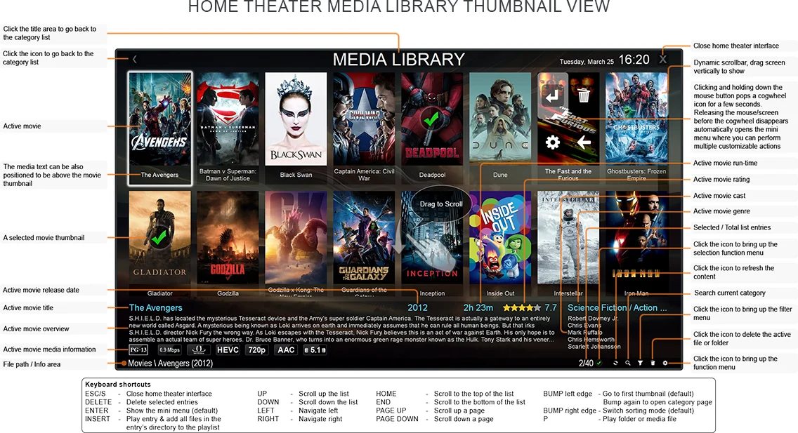 Media Library movie mode fullscreen navigation interface quick usage guide screenshot