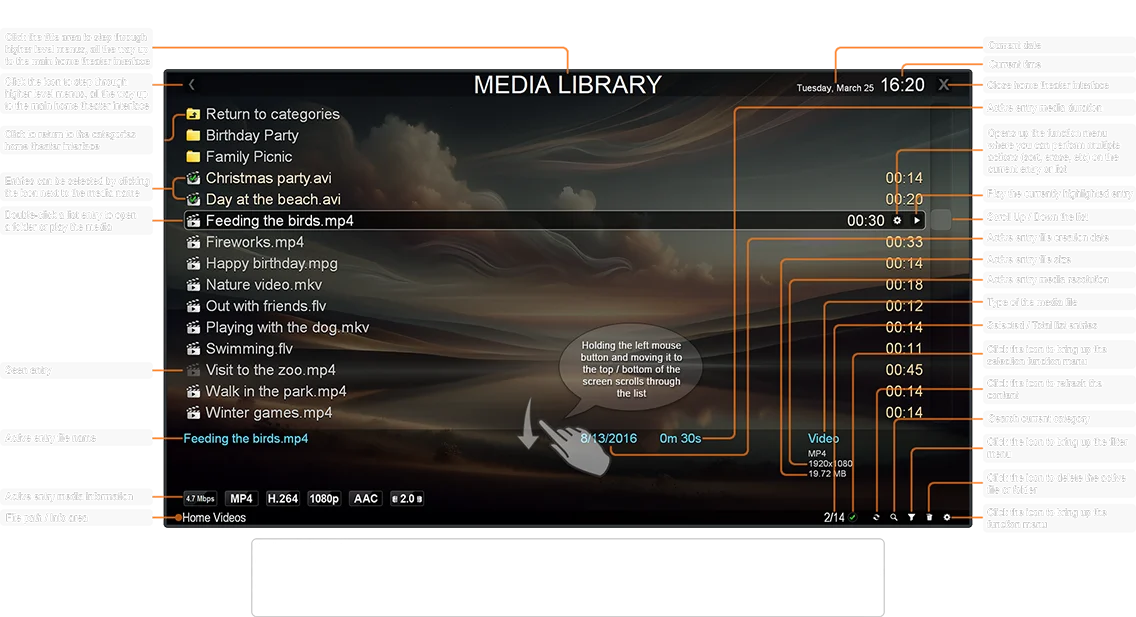 Media Library fullscreen list mode fullscreen navigation interface using the keyboard or a remote control