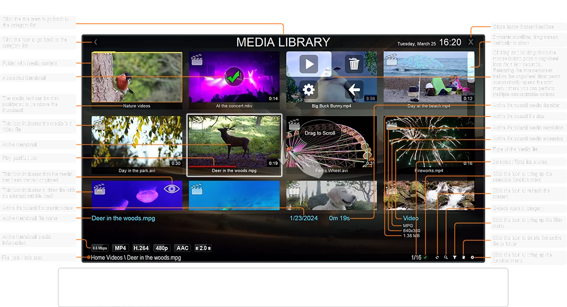 Media Library thumb view fullscreen navigation interface using the keyboard or a remote control