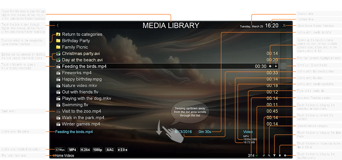 Media Library fullscreen list mode fullscreen navigation interface using the mouse or a touch input device