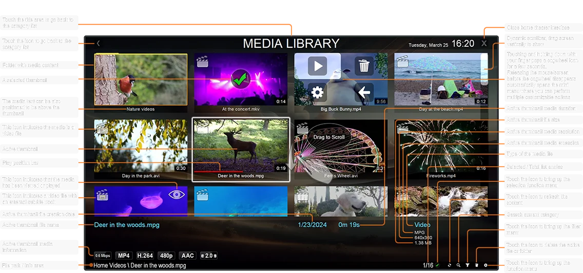 Media Library thumb view fullscreen navigation interface using the mouse or a touch input device